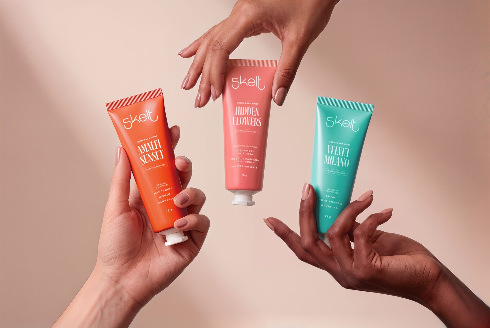 Creme para mãos Skelt: hidratação 24h e 3 fragrâncias icônicas a R$ 29,90